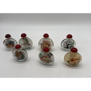 Vtg Reverse Painted Asian Snuff Bottles Powder Jar Red Cap Lot Of 7